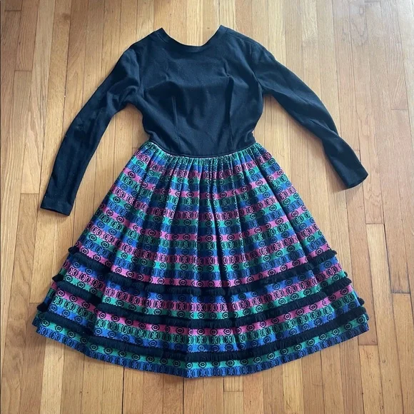 60s Vintage Pixie of California Fit and Flare Midi Dress w Woven Skirt - Picture 7 of 11